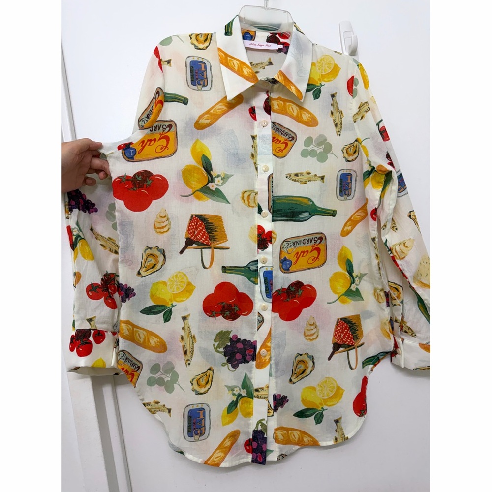 NWT Lisa Says Gah Tessa Food Print Button Down Shirt Top Italian Summer Ivory L - Picture 6 of 10